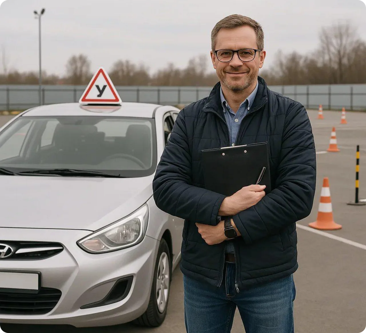 Ученик автошколы СОУК рядом с учебным автомобилем